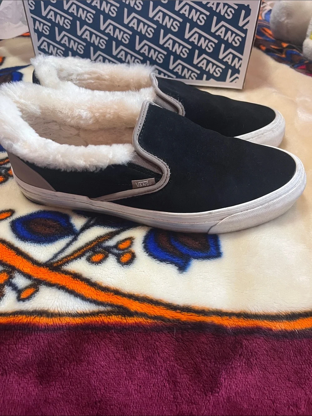 Vans Black Slip-On Sneakers with Taupe Trim and Fur Lining